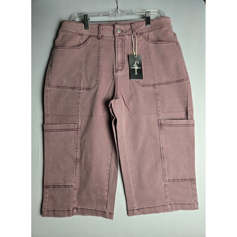 Flamingals Women Mauve Cargo Shorts XL Cotton Stretch Long Line Utility Pockets